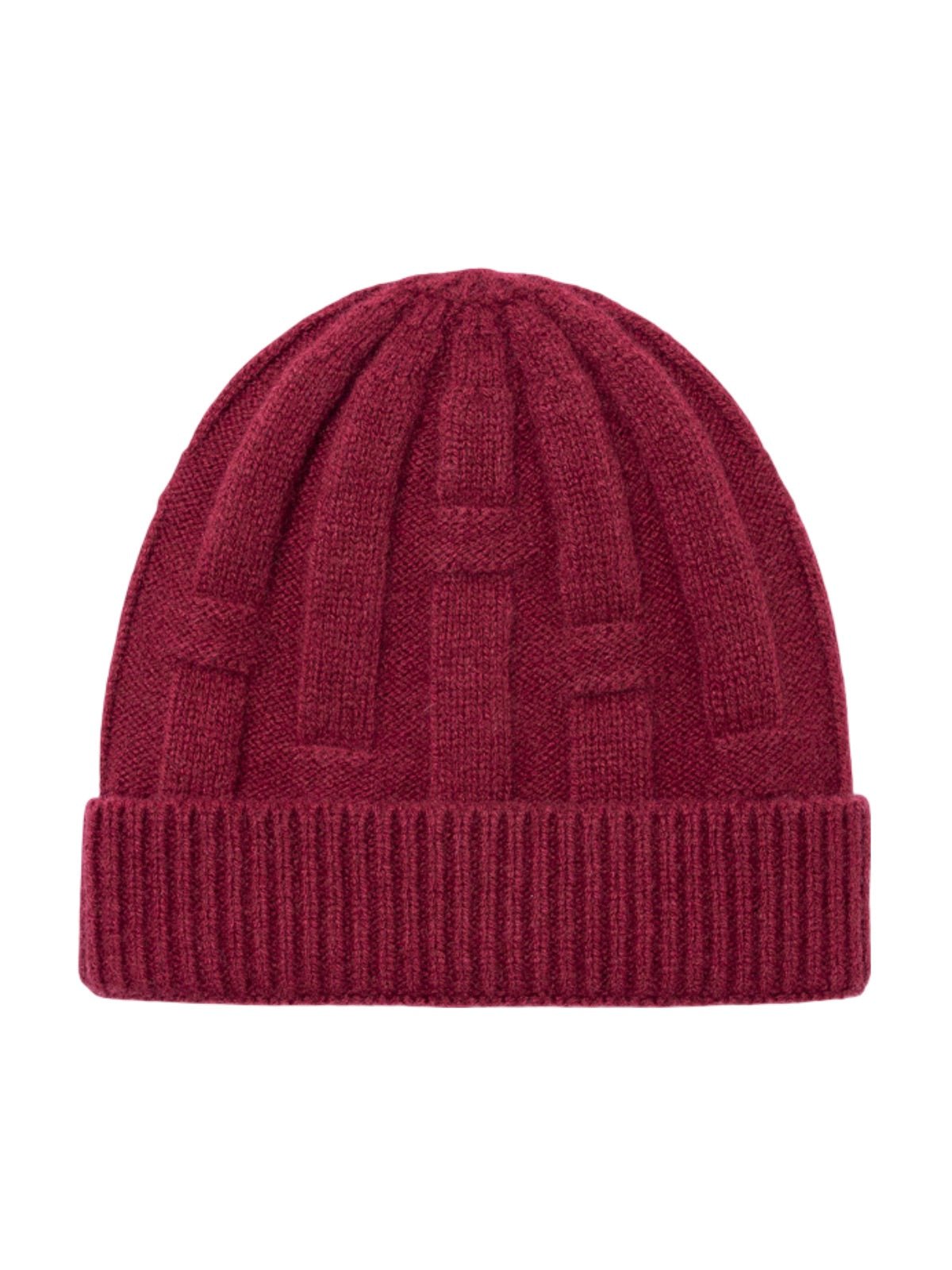 Bonnet en pure laine homme et femme, maille épaisse chaude, design géométrique, toucher doux, bonnet extensible hiver, coupe ajustée confort, modèle Dane - Bonnets - Bordeaux