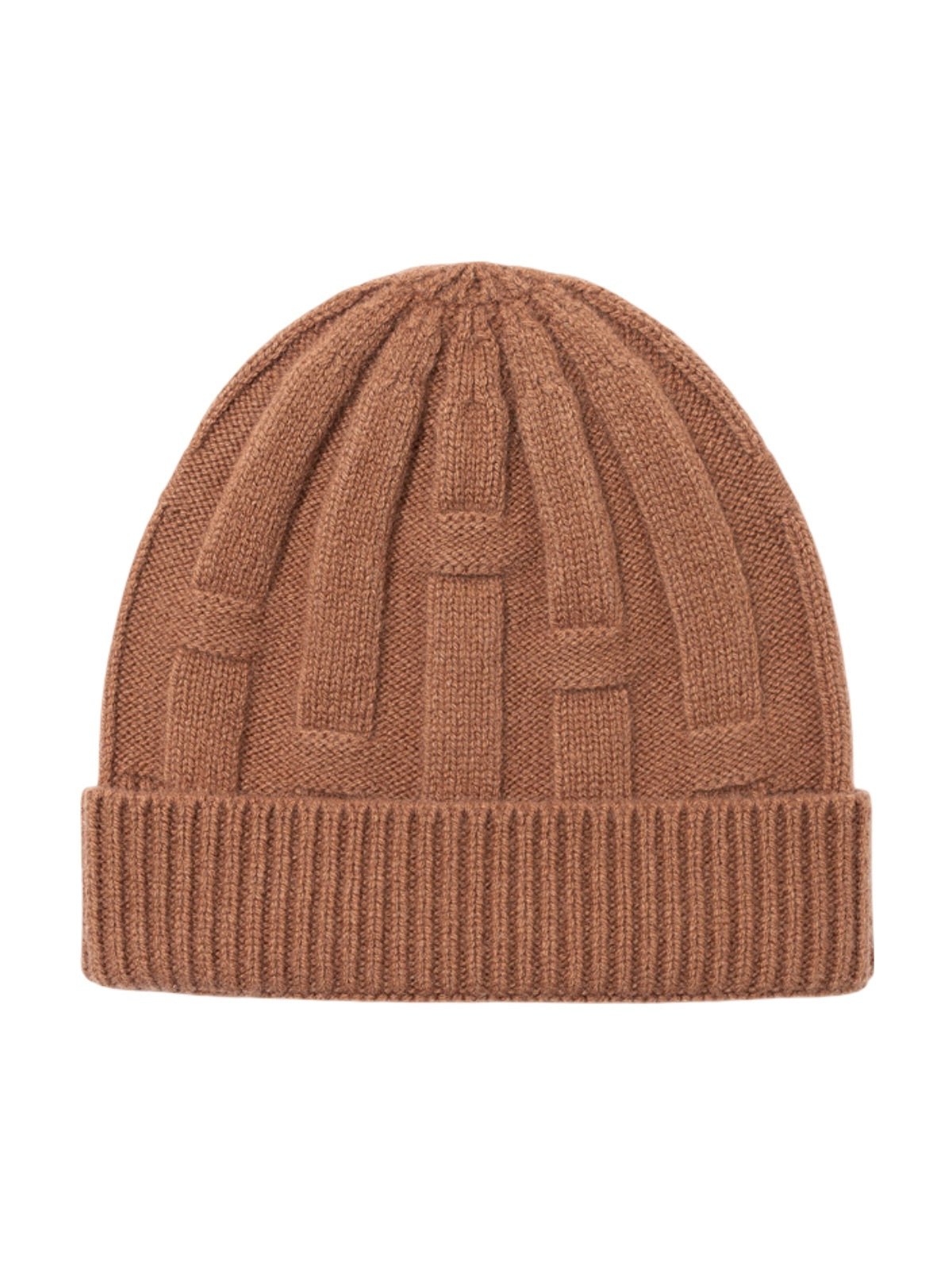 Bonnet en pure laine homme et femme, maille épaisse chaude, design géométrique, toucher doux, bonnet extensible hiver, coupe ajustée confort, modèle Dane - Bonnets - Camel