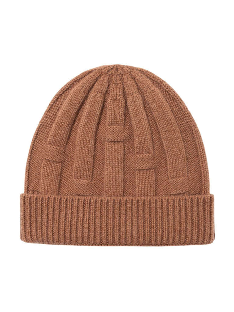 Bonnet en pure laine homme et femme, maille épaisse chaude, design géométrique, toucher doux, bonnet extensible hiver, coupe ajustée confort, modèle Dane - Bonnets - Camel