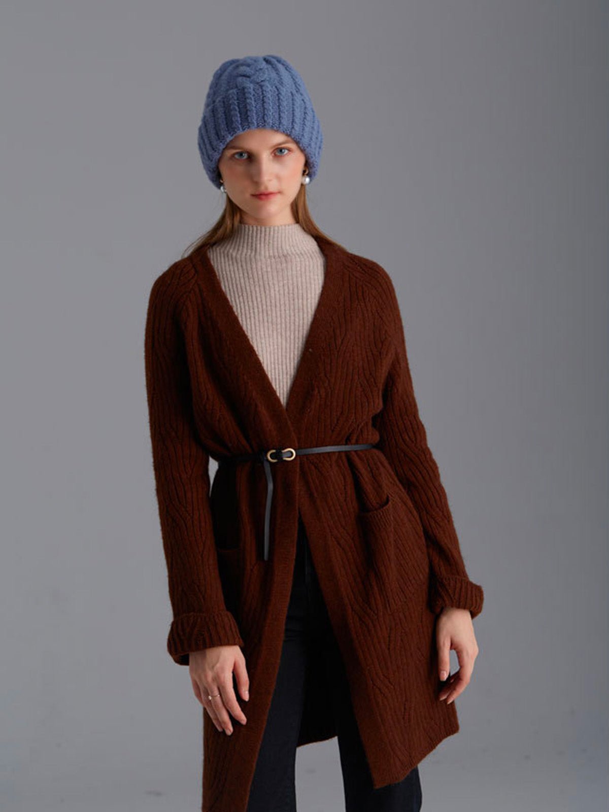 Bonnet en pure laine torsadée, coupe ronde, tricot épais, chaud, hiver femme et homme, style rétro décontracté, modèle Minel - Bonnets - Bleu