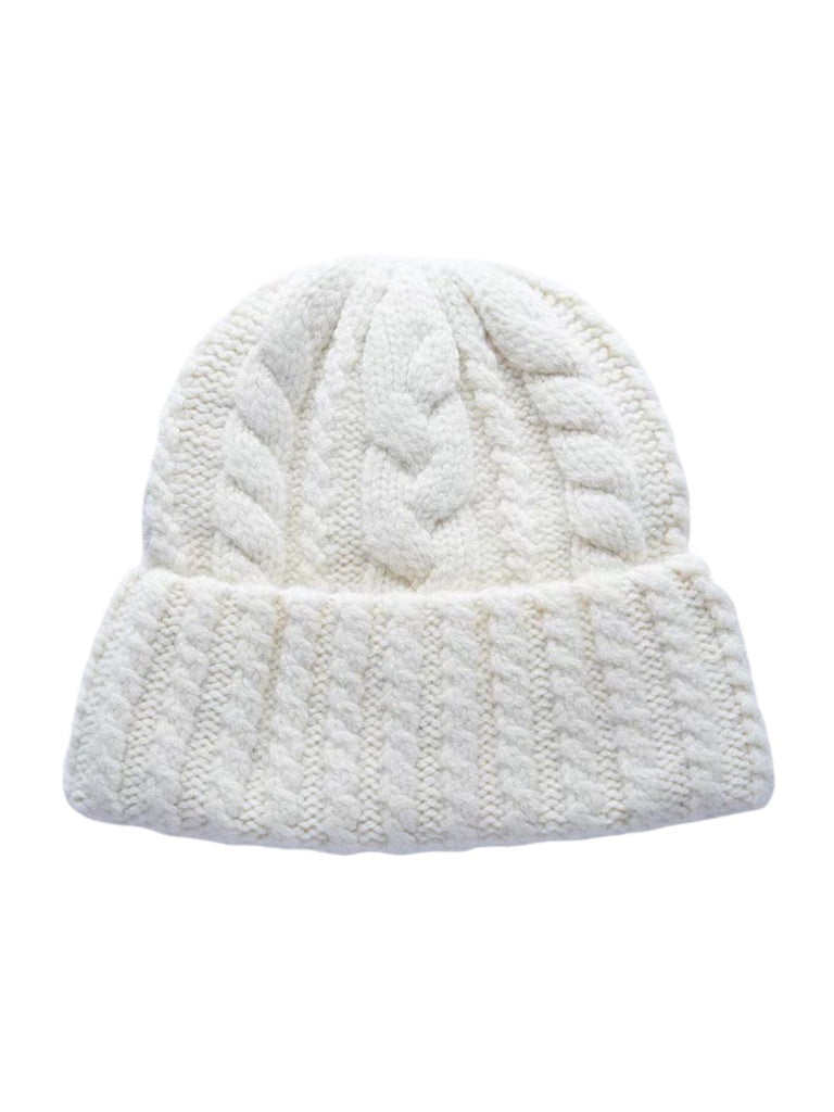 Bonnet en pure laine torsadée, coupe ronde, tricot épais, chaud, hiver femme et homme, style rétro décontracté, modèle Minel - Bonnets - Blanc