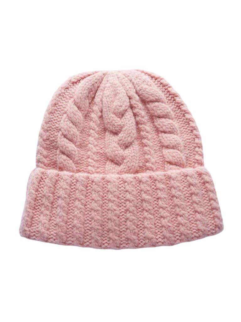 Bonnet en pure laine torsadée, coupe ronde, tricot épais, chaud, hiver femme et homme, style rétro décontracté, modèle Minel - Bonnets - Rose