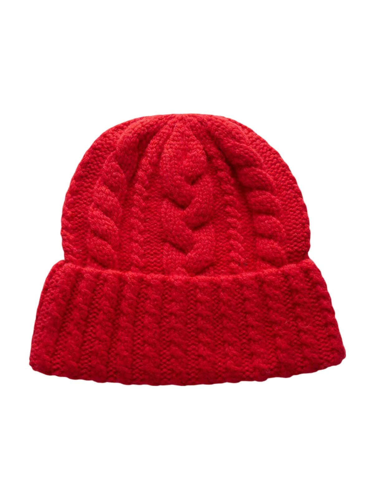 Bonnet en pure laine torsadée, coupe ronde, tricot épais, chaud, hiver femme et homme, style rétro décontracté, modèle Minel - Bonnets - Rouge