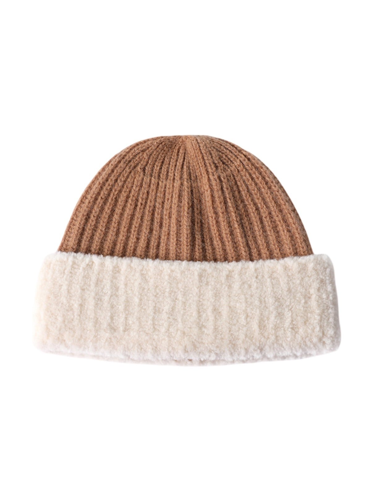 Bonnet en pure laine, tricot côtelé, doublure chaude, pour femme, hiver, style moderne, fluffy, modèle Ambre - Bonnets - Marron