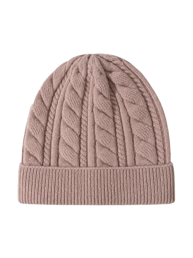Bonnet femme hiver en pure laine, tricot torsadé, coupe chaude, style minimal, mode urbaine, modèle Ulia - Bonnets - Taupe rosé