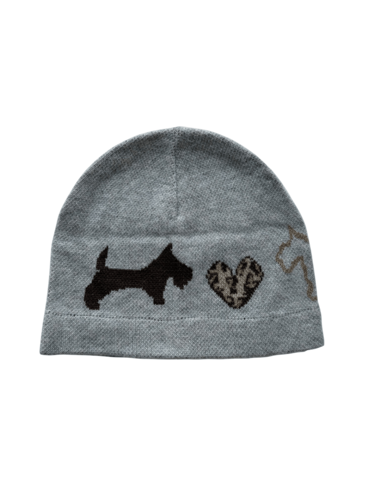Bonnet gris femme hiver, maille douce, motifs chien et cœur léopard, style streetwear, coupe arrondie, tricoté chaud, accessoire tendance, modèle Kéa - Bonnets - Gris