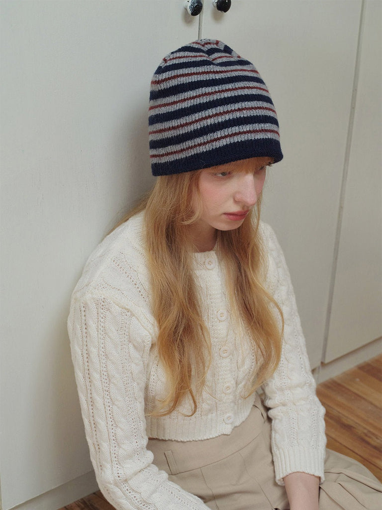 Bonnet rayé femme hiver, bonnet tricoté doux, bonnet chaud sans doublure, bonnet unisexe mode, bonnet en maille streetwear, modèle Tridy - Bonnets - Bleu marine