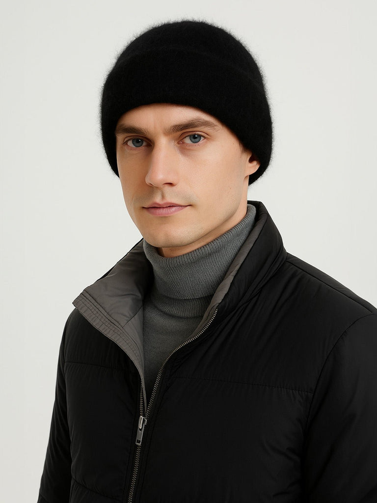 Bonnet tricoté doux, haute densité, poil de lapin angora, chaud et confortable, hiver, mixte, look minimal, style tendance, modèle Moha - Bonnets - Noir