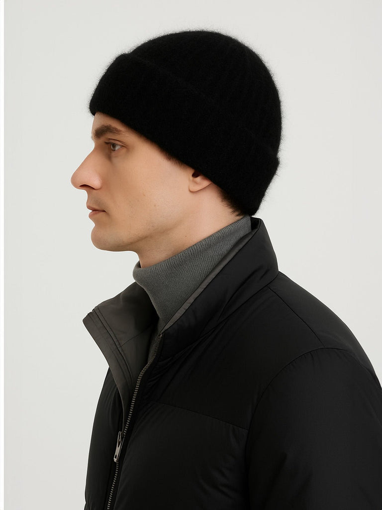 Bonnet tricoté doux, haute densité, poil de lapin angora, chaud et confortable, hiver, mixte, look minimal, style tendance, modèle Moha - Bonnets - Noir