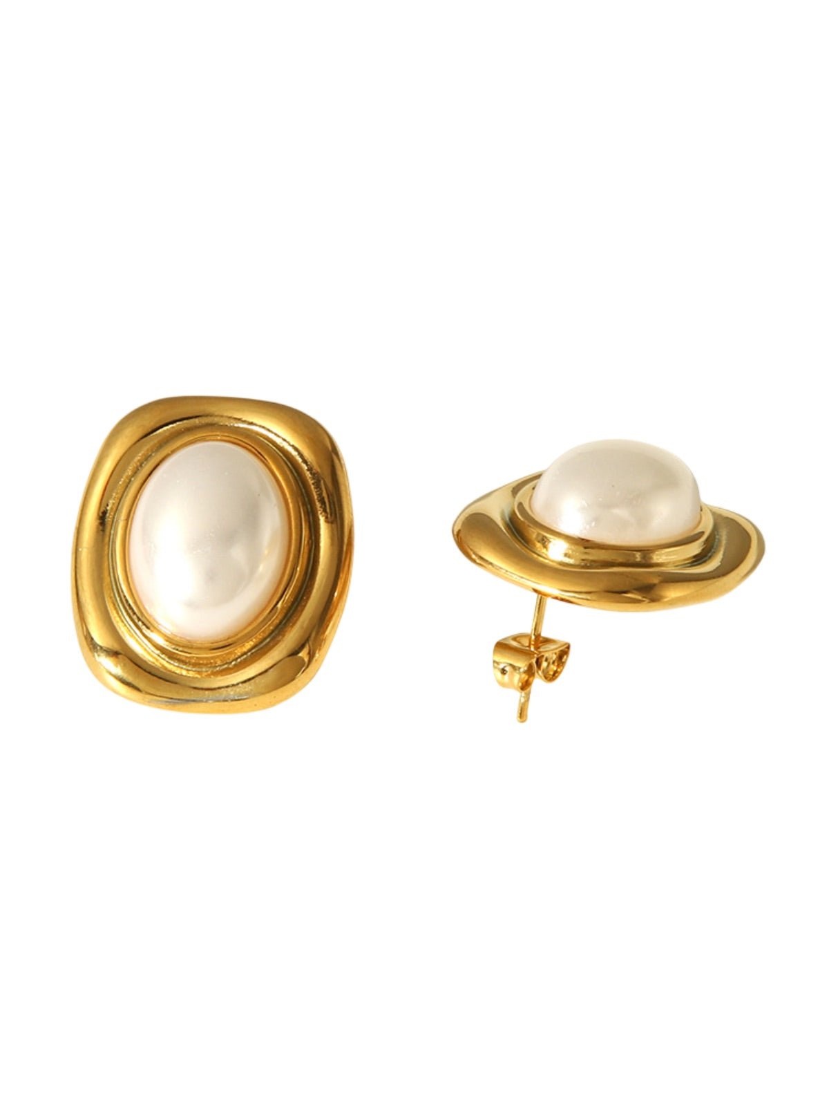 Boucles d'oreilles carrées, pierre naturelle, acier inoxydable, style rétro, plaqué or, modèle Luva - Boucles d'oreilles - Perle et or