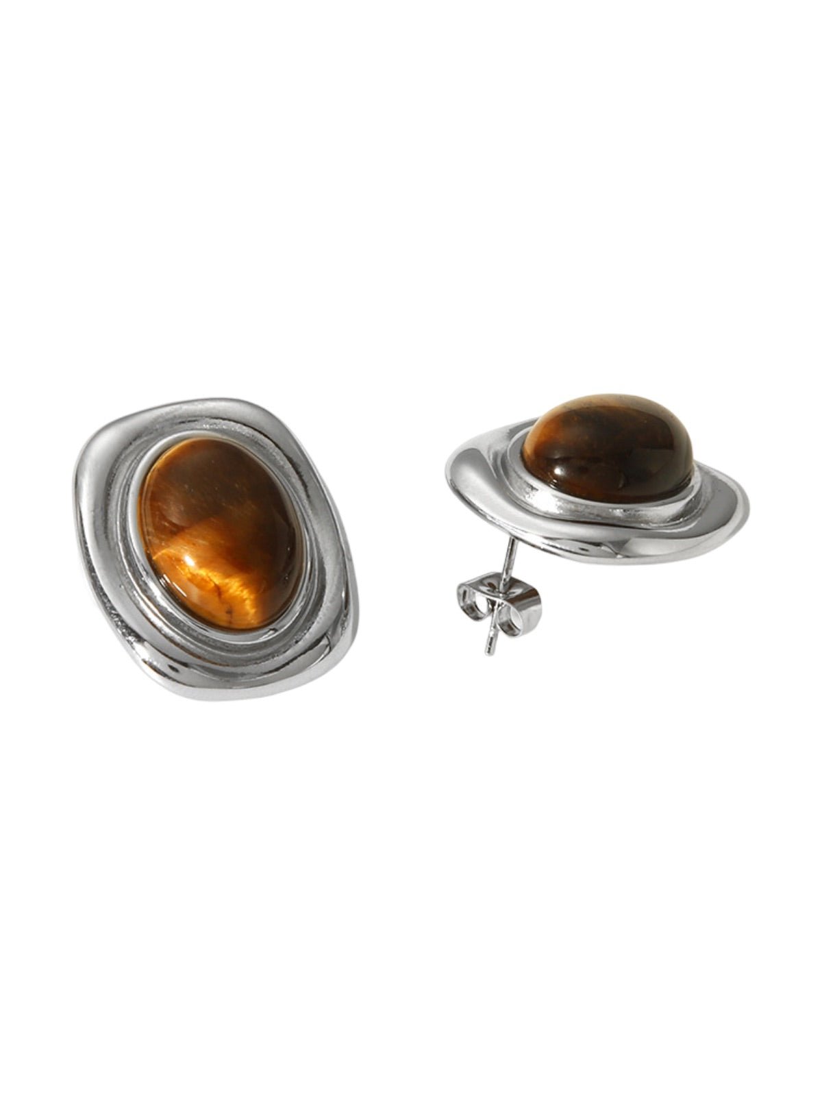 Boucles d'oreilles carrées, pierre naturelle, acier inoxydable, style rétro, plaqué or, modèle Luva - Boucles d'oreilles - Oeil de tigre et argent