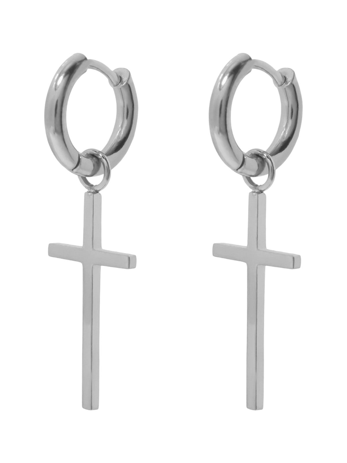 Boucles d’oreilles croix, pendantes inox, style urbain, dorées ou argentées, tendance ins, modèle Lancy - Boucles d'oreilles - Argent