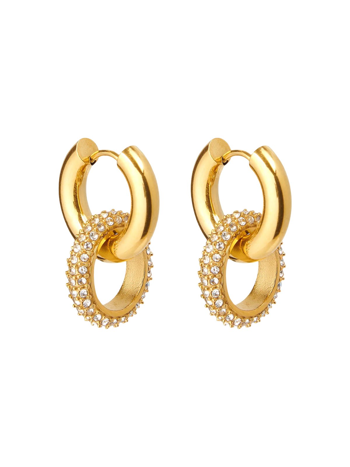 Boucles d'oreilles dorées, acier inoxydable, anneaux entrelacés, zirconium scintillant, style tendance, modèle Rida - Boucles d'oreilles - Or
