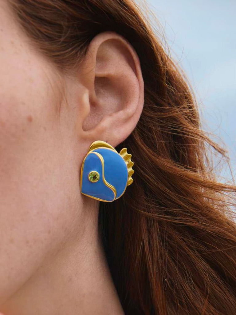 Boucles d’oreilles poisson bleu, style rétro, plaqué or 18K, strass vert, acier inoxydable, modèle Posène - Boucles d'oreilles - Bleu