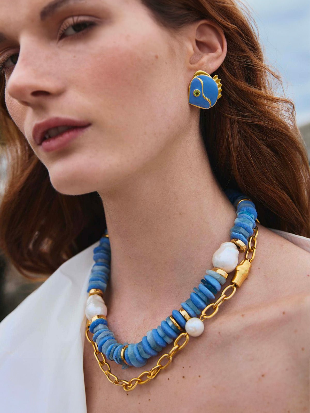 Boucles d’oreilles poisson bleu, style rétro, plaqué or 18K, strass vert, acier inoxydable, modèle Posène - Boucles d'oreilles - Bleu