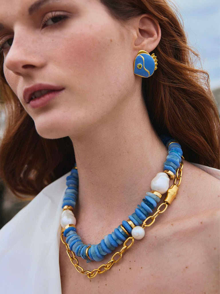 Boucles d’oreilles poisson bleu, style rétro, plaqué or 18K, strass vert, acier inoxydable, modèle Posène - Boucles d'oreilles - Bleu