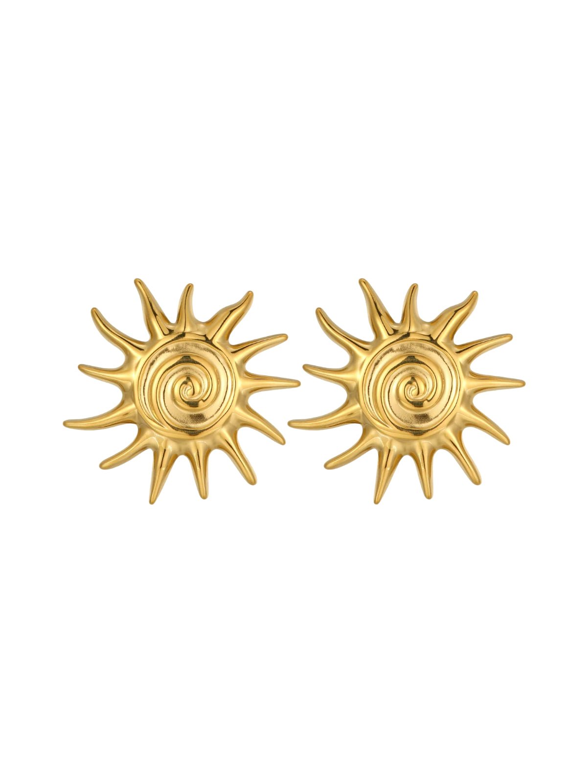 Boucles d’oreilles soleil dorées, design spiralé, acier inoxydable, format maxi, style audacieux, modèle Spinza - Boucles d'oreilles - Or