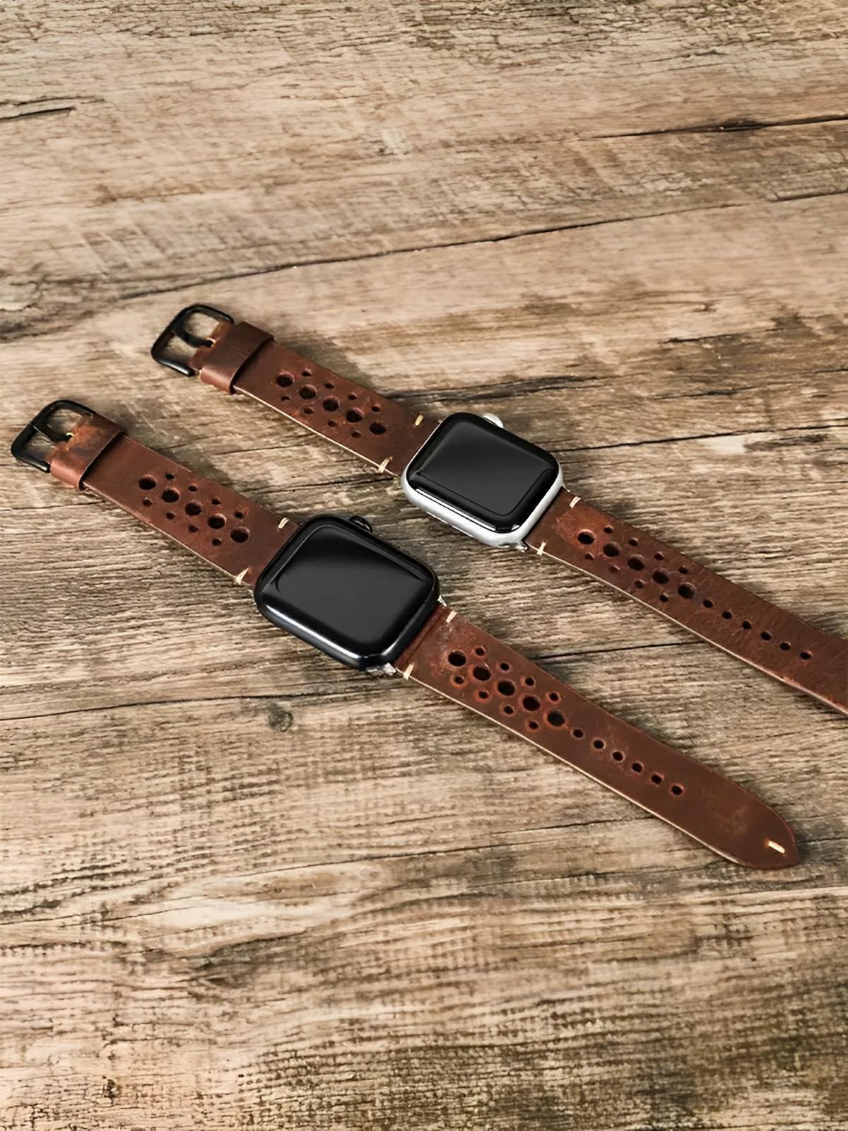 Bracelet Apple Watch cuir vintage, design perforé, boucle classique, modèle Lior - Bracelet Apple Watch - Marron 38 à 42mm