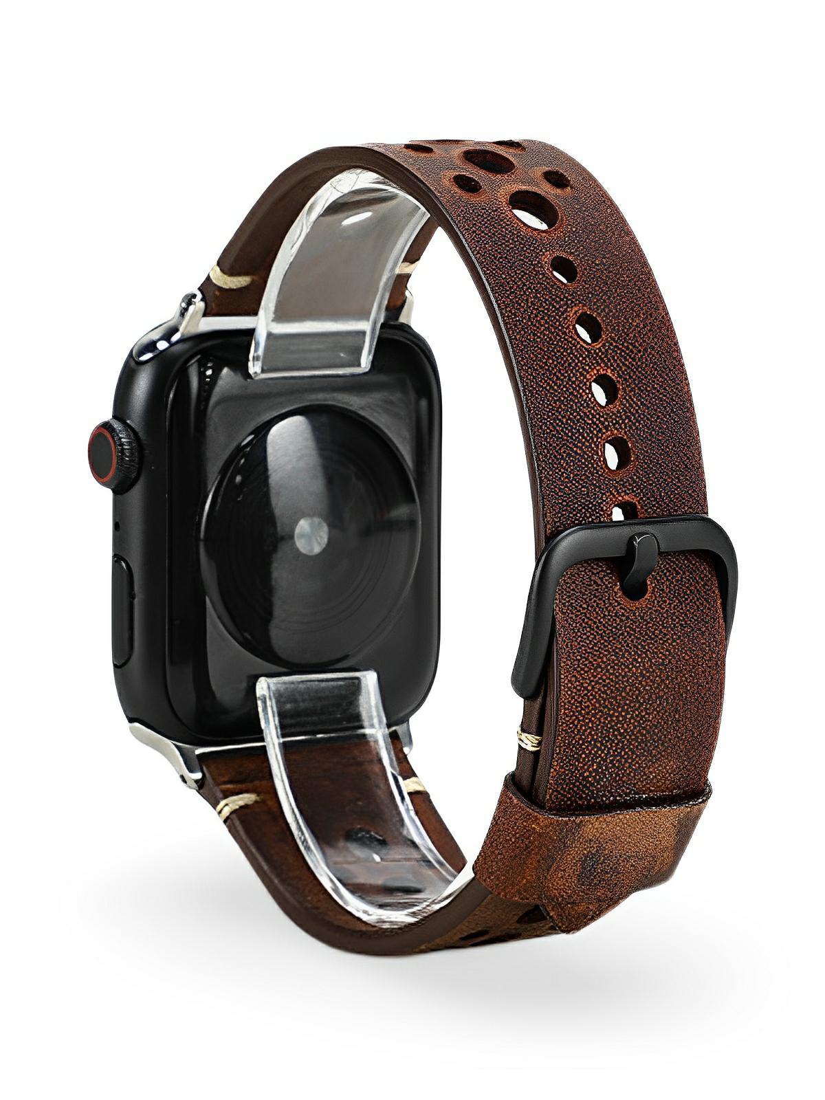 Bracelet Apple Watch cuir vintage, design perforé, boucle classique, modèle Lior - Bracelet Apple Watch - Marron 38 à 42mm