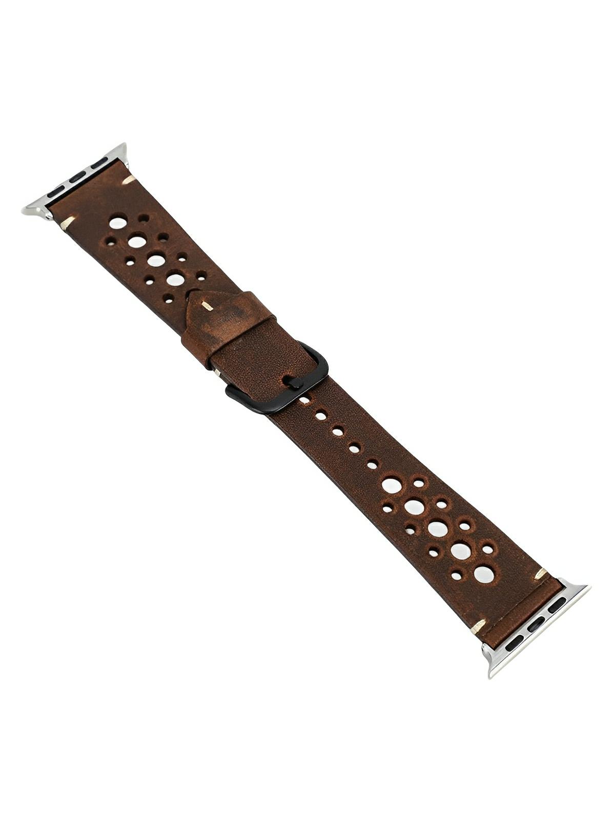Bracelet Apple Watch cuir vintage, design perforé, boucle classique, modèle Lior - Bracelet Apple Watch - Marron 38 à 42mm