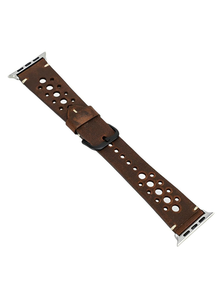 Bracelet Apple Watch cuir vintage, design perforé, boucle classique, modèle Lior - Bracelet Apple Watch - Marron 38 à 42mm