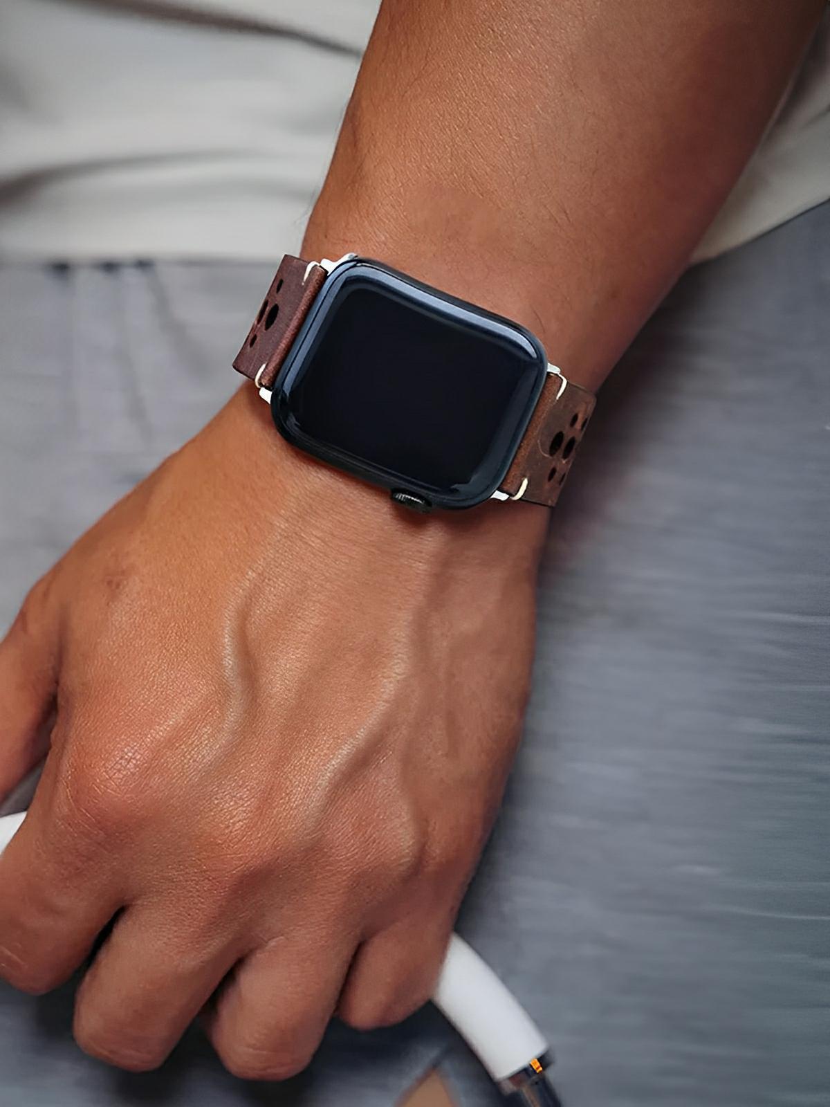 Bracelet Apple Watch cuir vintage, design perforé, boucle classique, modèle Lior - Bracelet Apple Watch - Marron 38 à 42mm