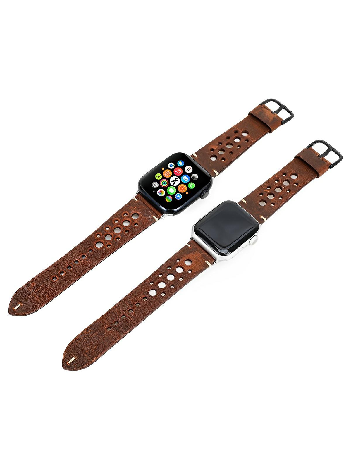 Bracelet Apple Watch cuir vintage, design perforé, boucle classique, modèle Lior - Bracelet Apple Watch - Marron 38 à 42mm