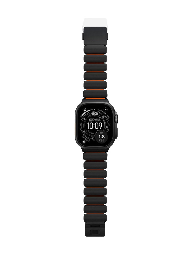 Bracelet Apple Watch Ultra Premium, en Titane Grade 4, fermeture magnétique N52, intérieur FKM, design sportif premium, look prestigieux, modèle Salvador - Bracelet Apple Watch - Noir et orange 44 à 49 mm