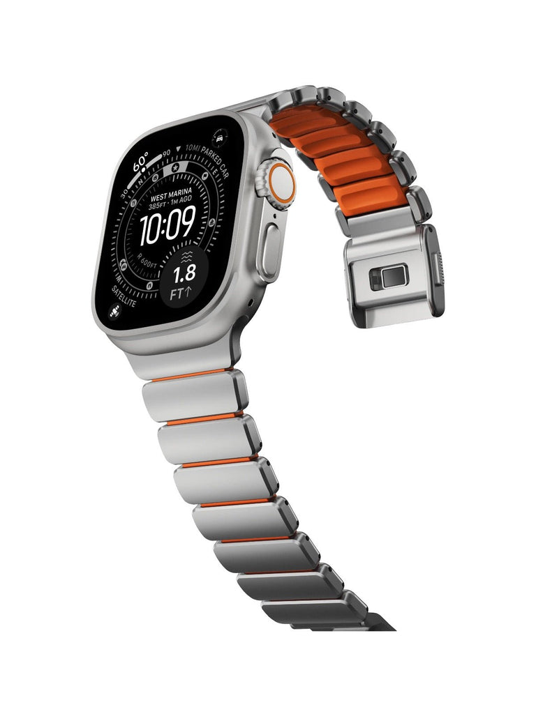 Bracelet Apple Watch Ultra Premium, en Titane Grade 4, fermeture magnétique N52, intérieur FKM, design sportif premium, look prestigieux, modèle Salvador - Bracelet Apple Watch - Argent et orange 44 à 49 mm