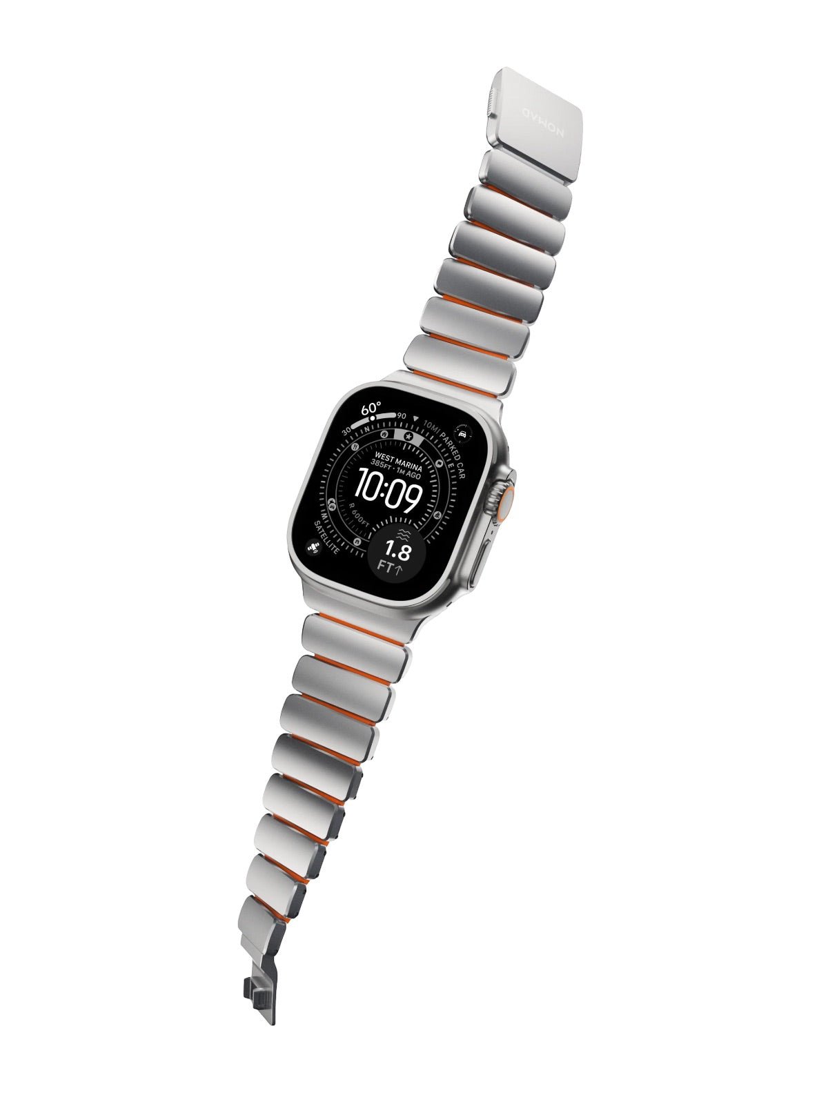 Bracelet Apple Watch Ultra Premium, en Titane Grade 4, fermeture magnétique N52, intérieur FKM, design sportif premium, look prestigieux, modèle Salvador - Bracelet Apple Watch - Argent et orange 44 à 49 mm