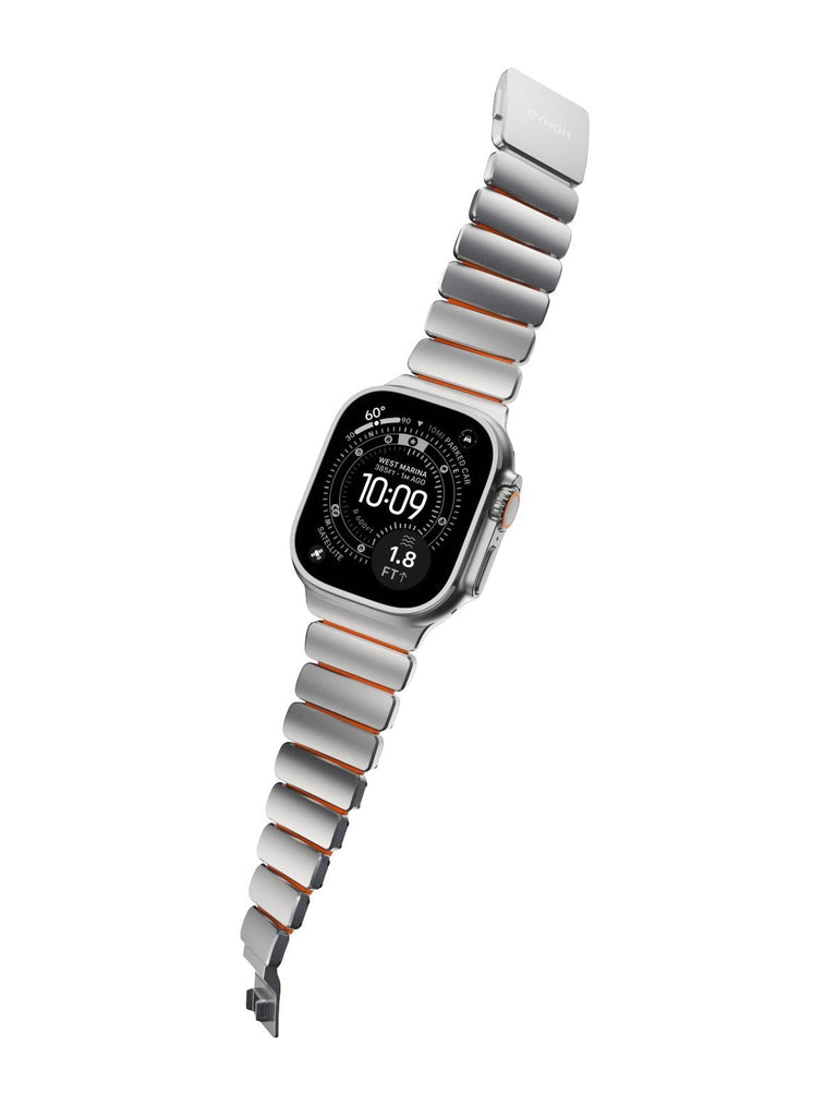 Bracelet Apple Watch Ultra Premium, en Titane Grade 4, fermeture magnétique N52, intérieur FKM, design sportif premium, look prestigieux, modèle Salvador - Bracelet Apple Watch - Argent et orange 44 à 49 mm
