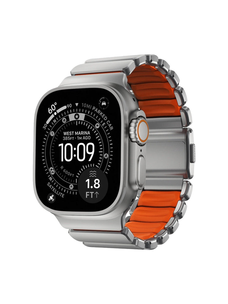 Bracelet Apple Watch Ultra Premium, en Titane Grade 4, fermeture magnétique N52, intérieur FKM, design sportif premium, look prestigieux, modèle Salvador - Bracelet Apple Watch - Argent et orange 44 à 49 mm