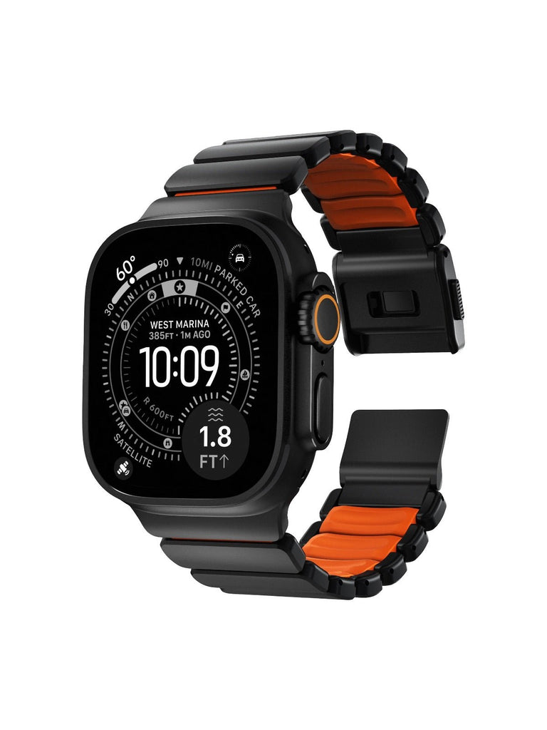 Bracelet Apple Watch Ultra Premium, en Titane Grade 4, fermeture magnétique N52, intérieur FKM, design sportif premium, look prestigieux, modèle Salvador - Bracelet Apple Watch - Noir et orange 44 à 49 mm
