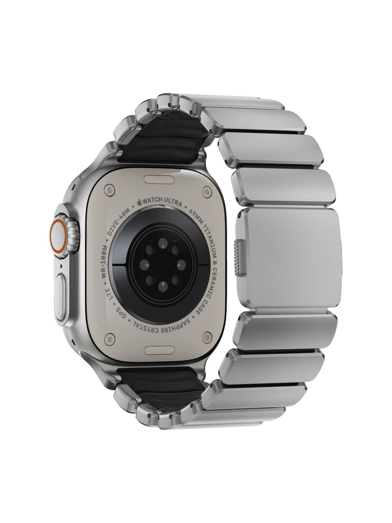 Bracelet Apple Watch Ultra Premium, en Titane Grade 4, fermeture magnétique N52, intérieur FKM, design sportif premium, look prestigieux, modèle Salvador - Bracelet Apple Watch - Argent et noir 44 à 49 mm