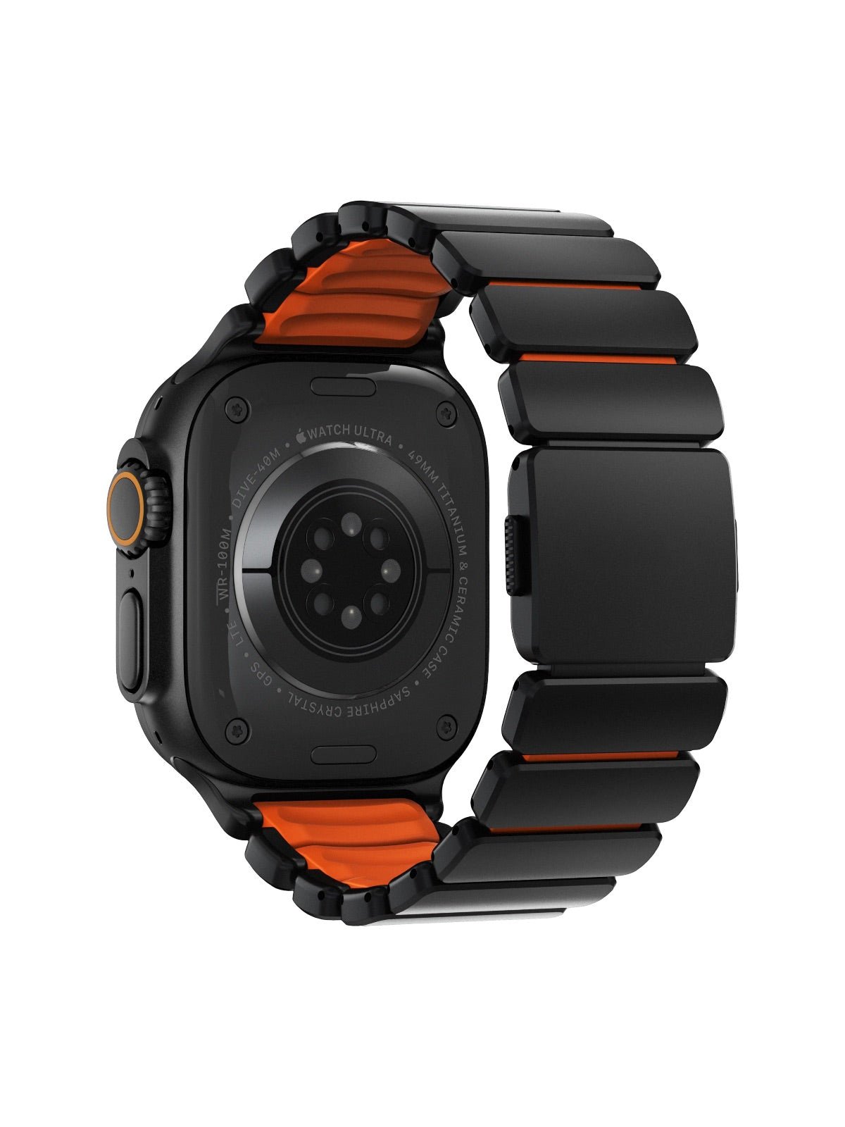 Bracelet Apple Watch Ultra Premium, en Titane Grade 4, fermeture magnétique N52, intérieur FKM, design sportif premium, look prestigieux, modèle Salvador - Bracelet Apple Watch - Noir et orange 44 à 49 mm