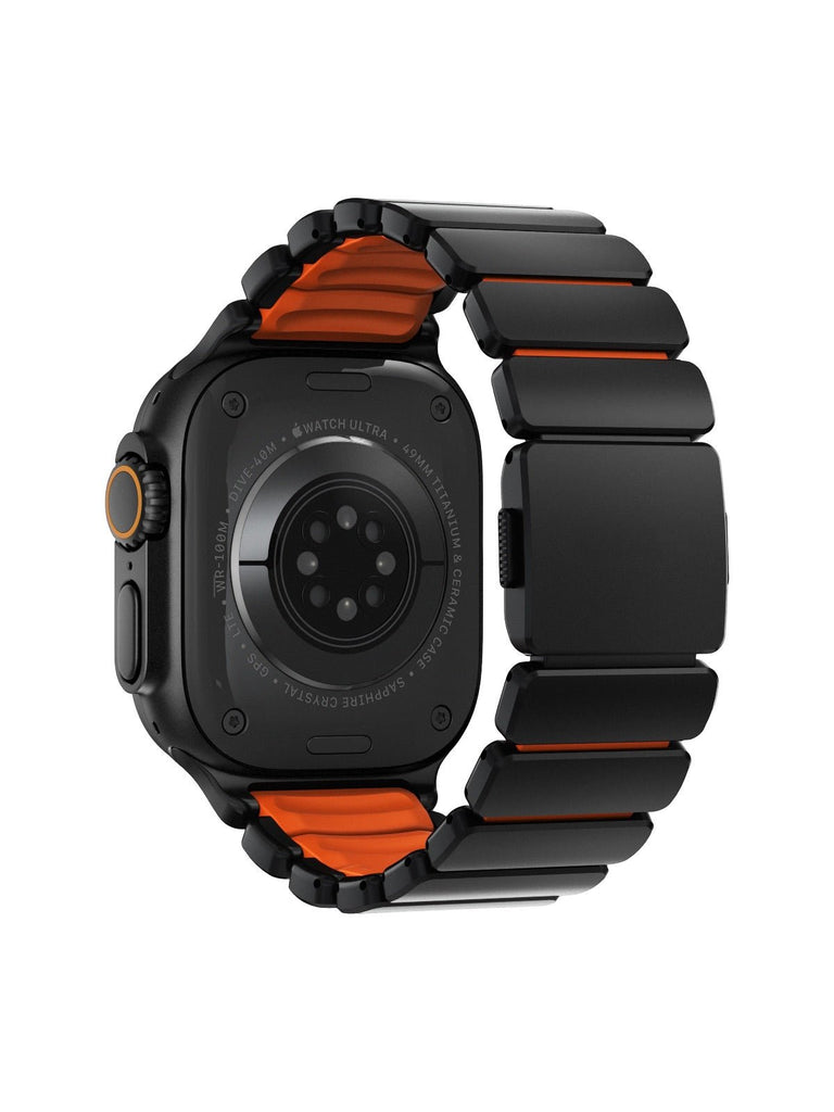 Bracelet Apple Watch Ultra Premium, en Titane Grade 4, fermeture magnétique N52, intérieur FKM, design sportif premium, look prestigieux, modèle Salvador - Bracelet Apple Watch - Noir et orange 44 à 49 mm