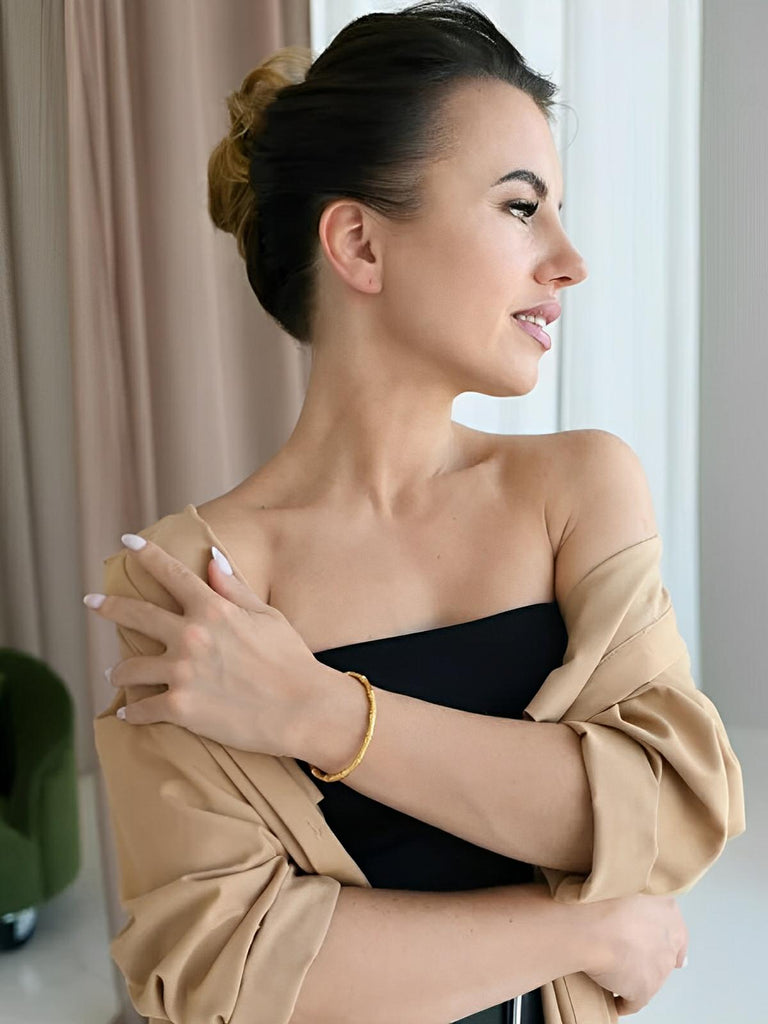 Bracelet bambou acier titane, bijou rigide femme, effet multilayer, style Old Money, cadeau chic, modèle Erica - Bracelet - Or