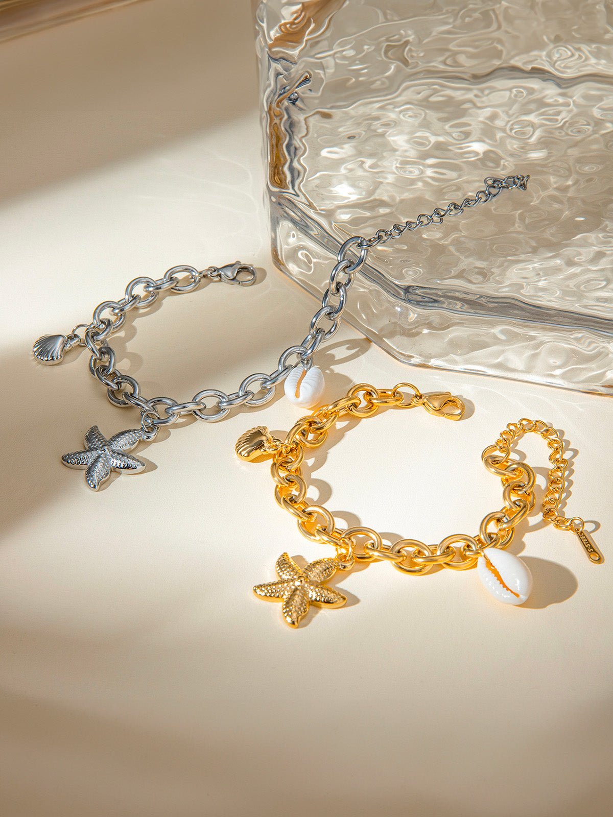 Bracelet chaîne marine, acier inoxydable, pendentif étoile de mer, coquillage naturel, style plage - Bracelet - Or