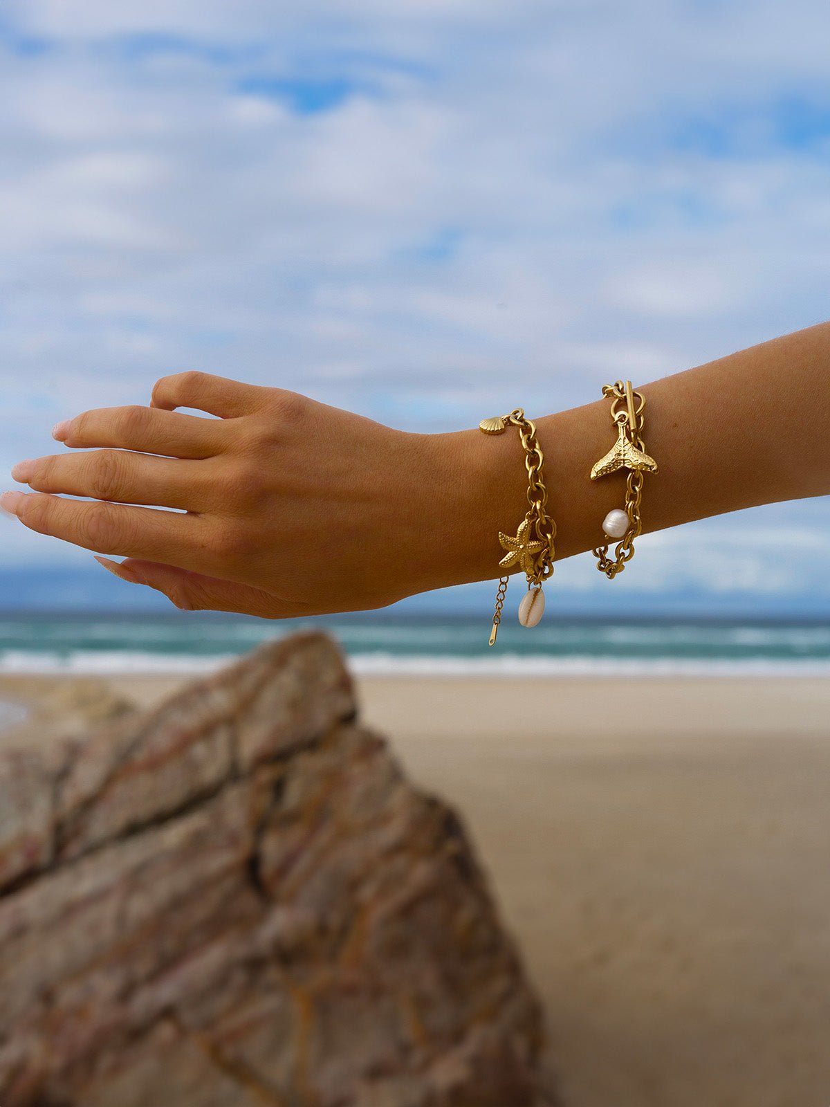 Bracelet chaîne marine, acier inoxydable, pendentif étoile de mer, coquillage naturel, style plage - Bracelet - Or