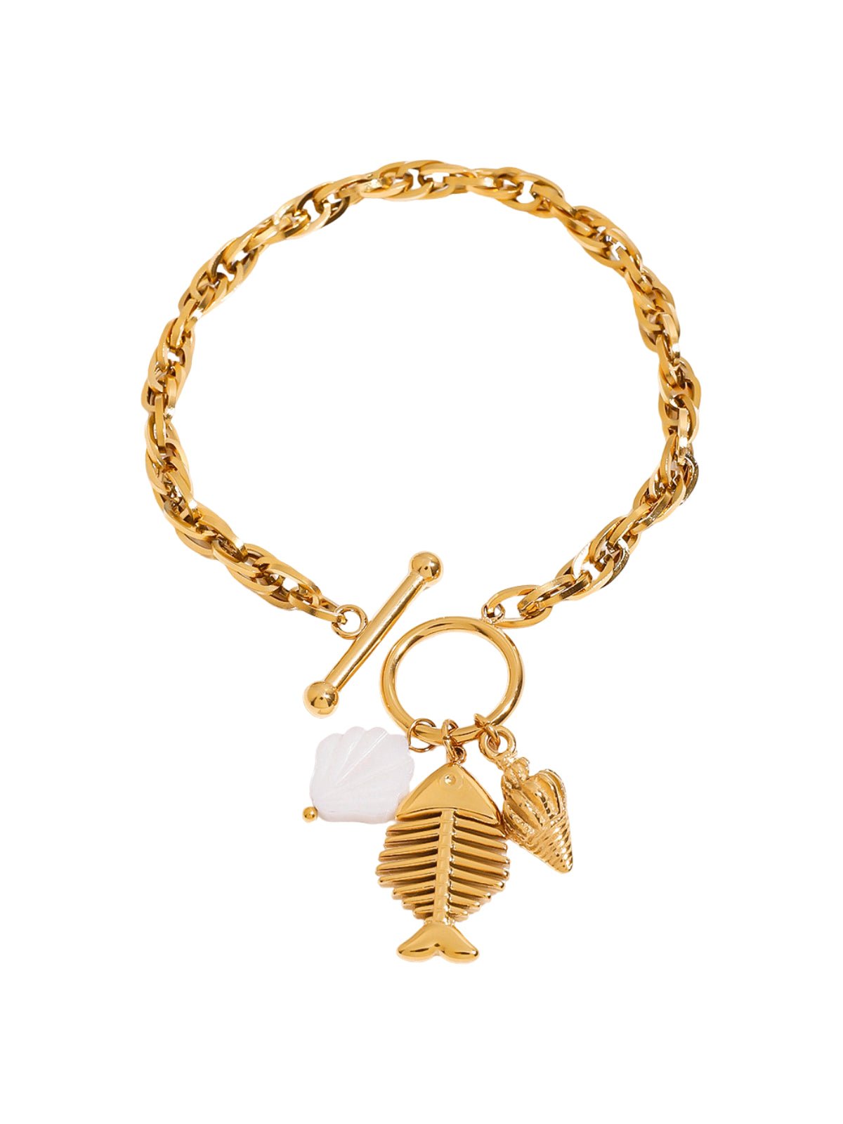 Bracelet chaîne marine dorée, breloques coquillage et poisson, acier inoxydable, plage, été, modèle Amélie - Bracelet - Or