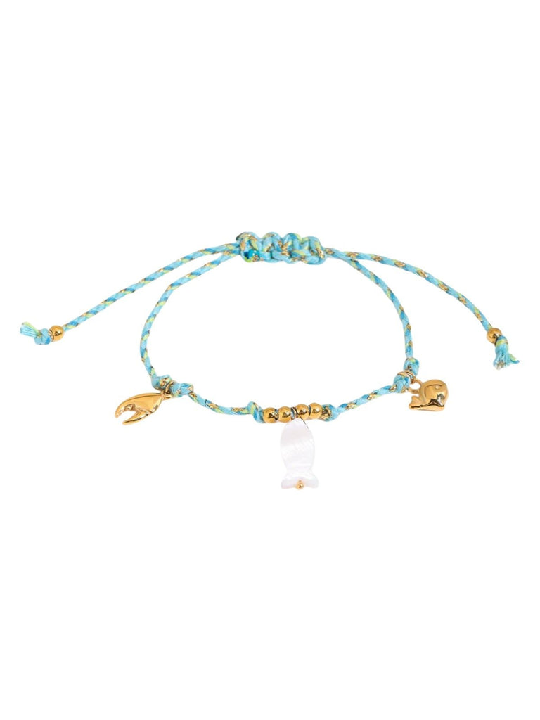 Bracelet cordon coloré, pendentif poisson, coquillage, crabe, ancre, été et plage, 18K doré, modèle Salomé - Bracelet - Style 2