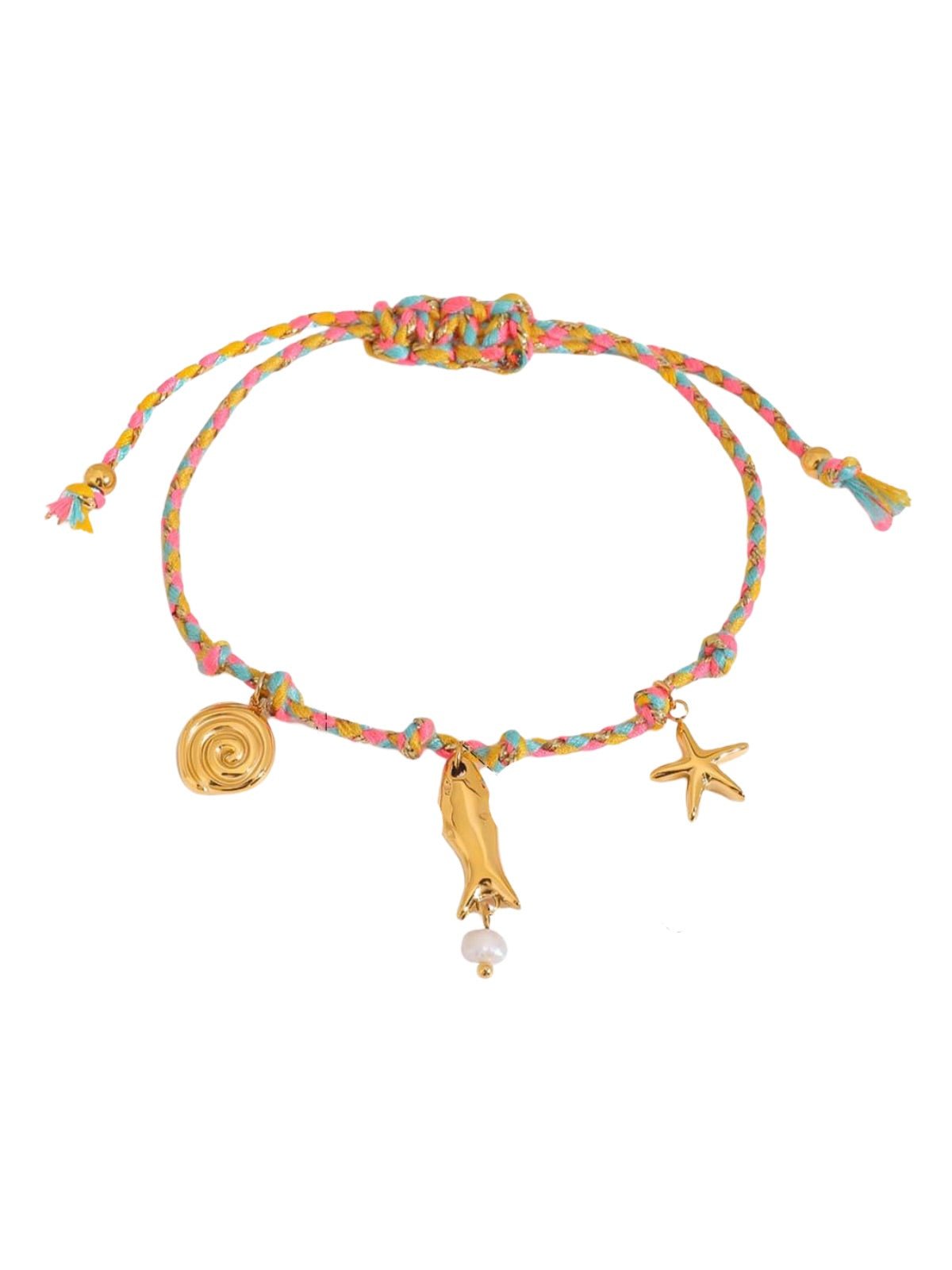 Bracelet cordon coloré, pendentif poisson, coquillage, crabe, ancre, été et plage, 18K doré, modèle Salomé - Bracelet - Style 4