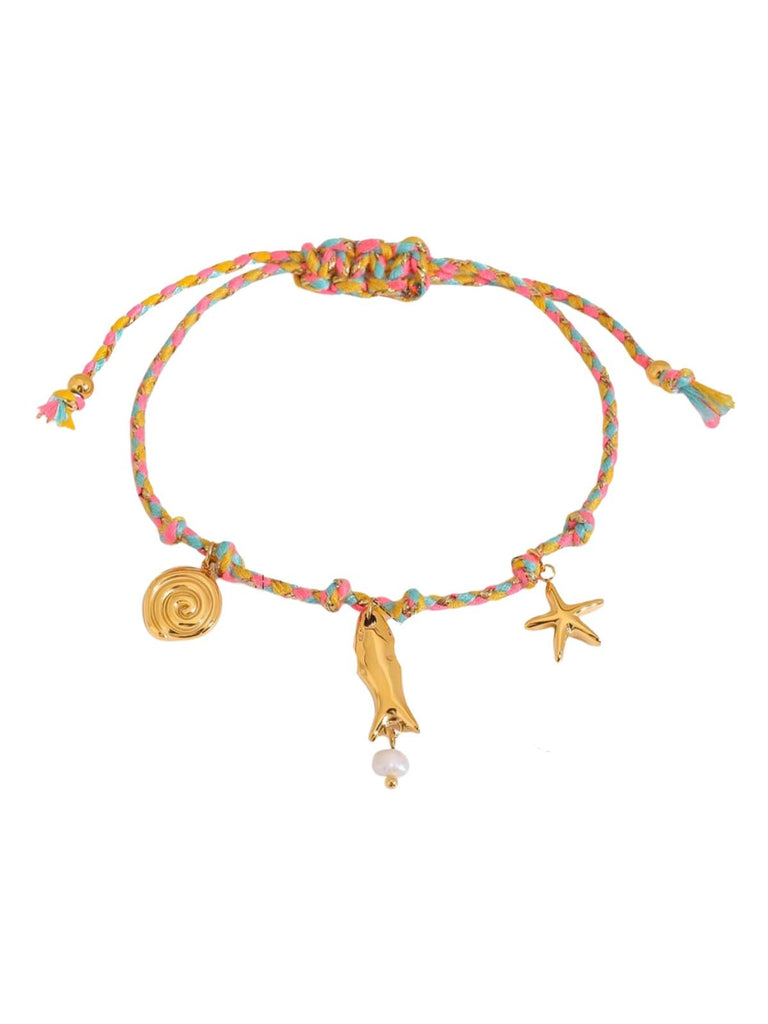 Bracelet cordon coloré, pendentif poisson, coquillage, crabe, ancre, été et plage, 18K doré, modèle Salomé - Bracelet - Style 4