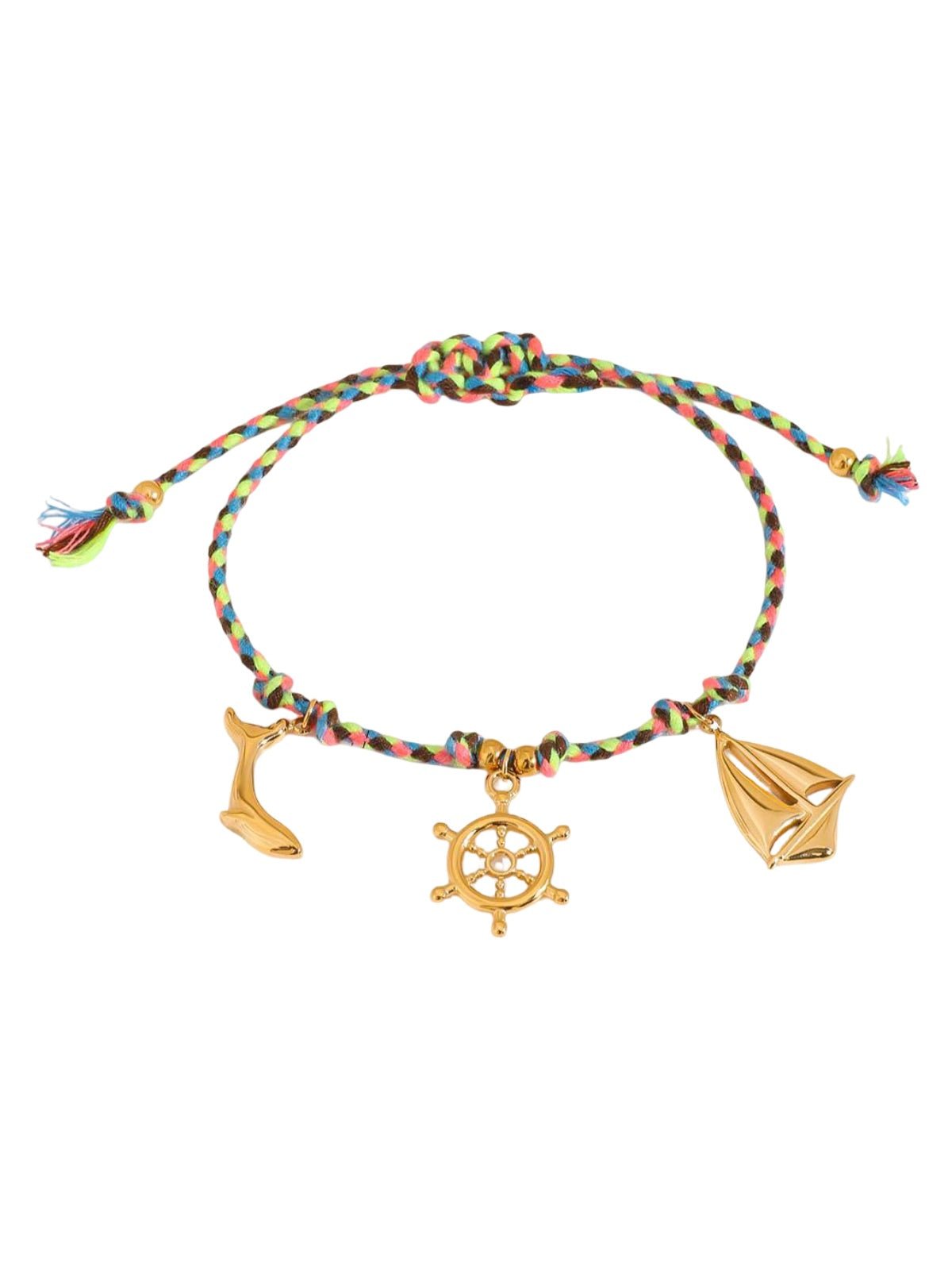 Bracelet cordon coloré, pendentif poisson, coquillage, crabe, ancre, été et plage, 18K doré, modèle Salomé - Bracelet - Style 5