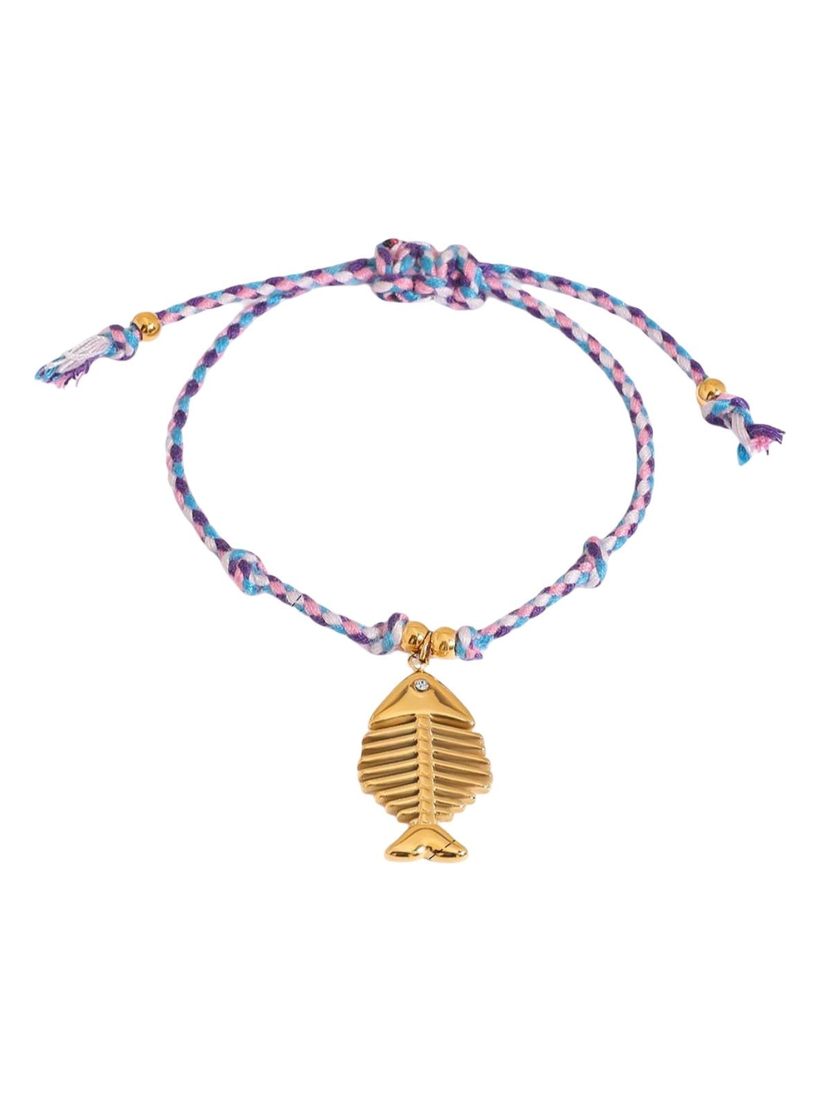 Bracelet cordon coloré, pendentif poisson, coquillage, crabe, ancre, été et plage, 18K doré, modèle Salomé - Bracelet - Style 6