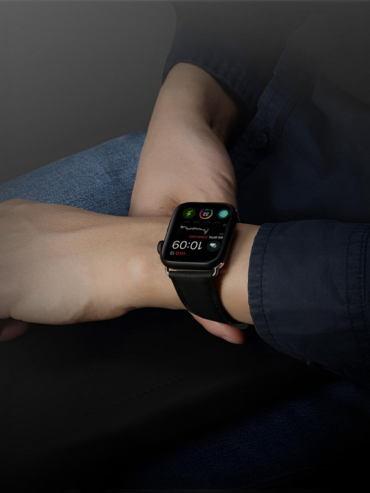 Bracelet cuir Apple Watch, acier inoxydable, ajustable, au ton raffiné, modèle Jonas - Bracelet Apple Watch - Noir 38 à 42mm