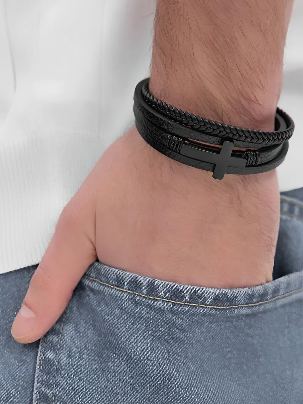 Bracelet cuir multi - rangs homme, croix chrétienne en métal, accessoire tendance, modèle Narcisse - Bracelet - Noir S