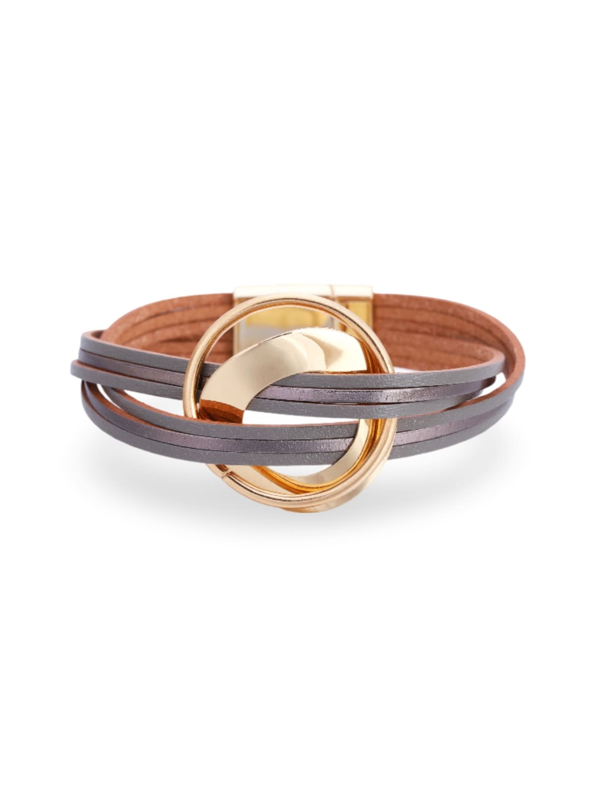 Bracelet cuir multirangs, magnétique, femme, style bohème, large, coloré, modèle Odylle - Bracelet - Gris