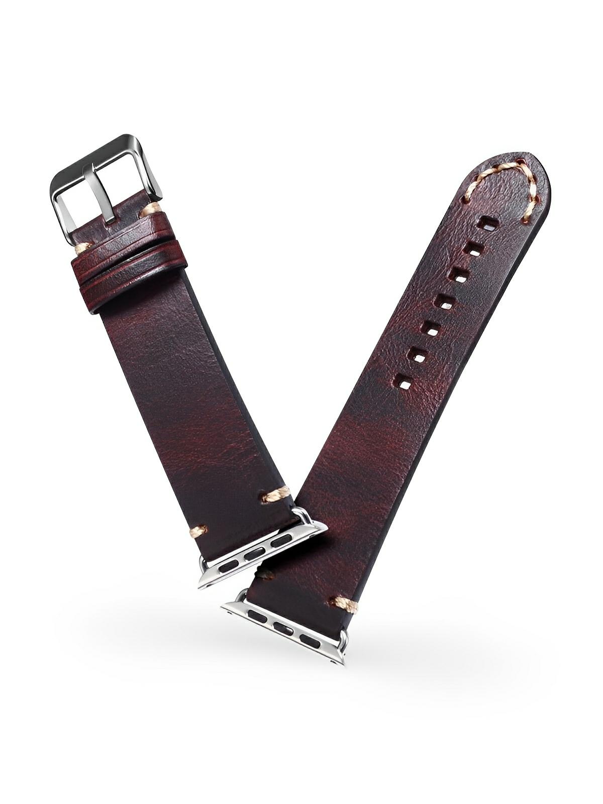 Bracelet cuir pleine fleur Apple Watch, acier inoxydable, aux coutures apparentes, modèle Josselin - Bracelet Apple Watch - Marron 38 à 42mm