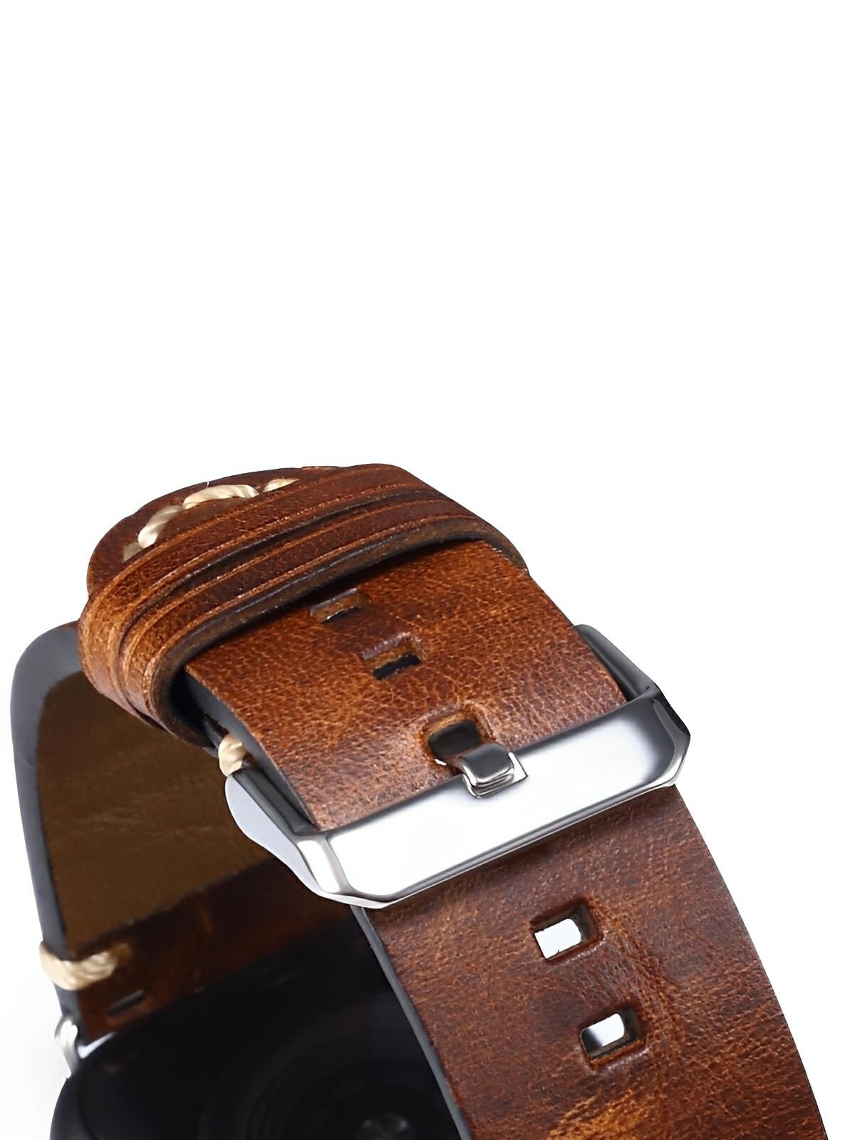 Bracelet cuir pleine fleur Apple Watch, acier inoxydable, aux coutures apparentes, modèle Josselin - Bracelet Apple Watch - Marron 38 à 42mm